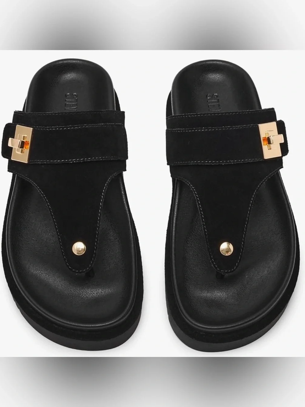 New Steve Madden Black Suede Toe-Post Sandals with Gold Hardware - Picture 1 of 10